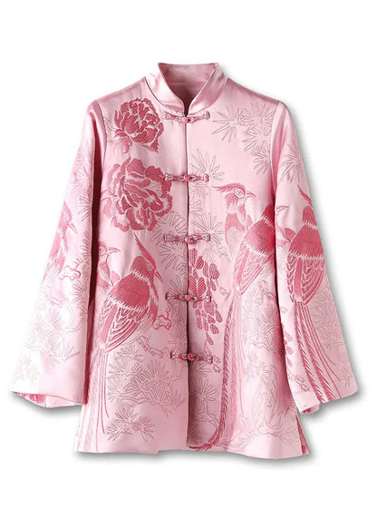 New Pink Embroideried Button Patchwork Silk Coats Fall Ada Fashion