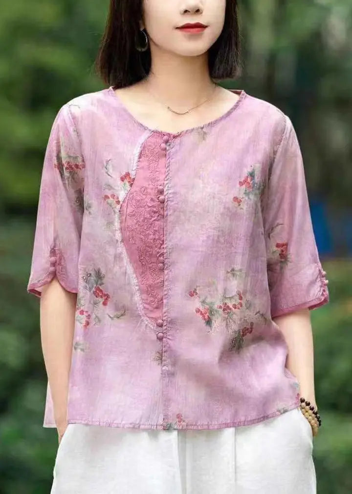 New Pink Embroideried Print Patchwork Linen T Shirt Half Sleeve Ada Fashion