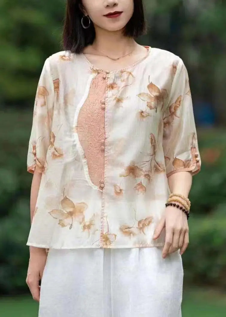 New Pink Embroideried Print Patchwork Linen T Shirt Half Sleeve Ada Fashion