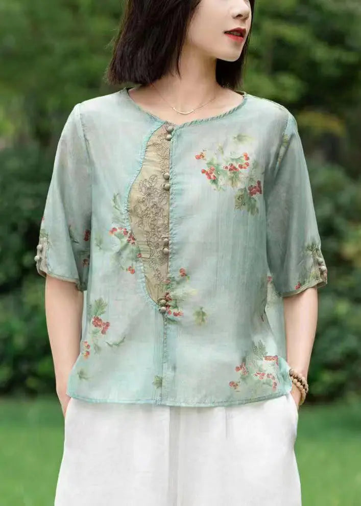 New Pink Embroideried Print Patchwork Linen T Shirt Half Sleeve Ada Fashion