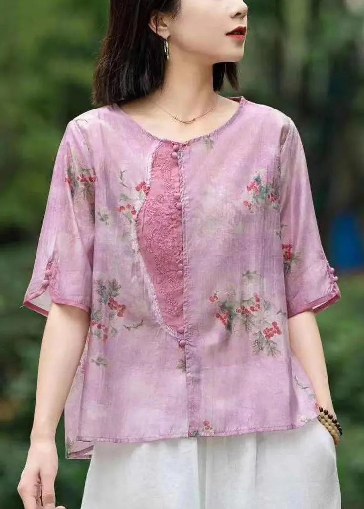 New Pink Embroideried Print Patchwork Linen T Shirt Half Sleeve Ada Fashion