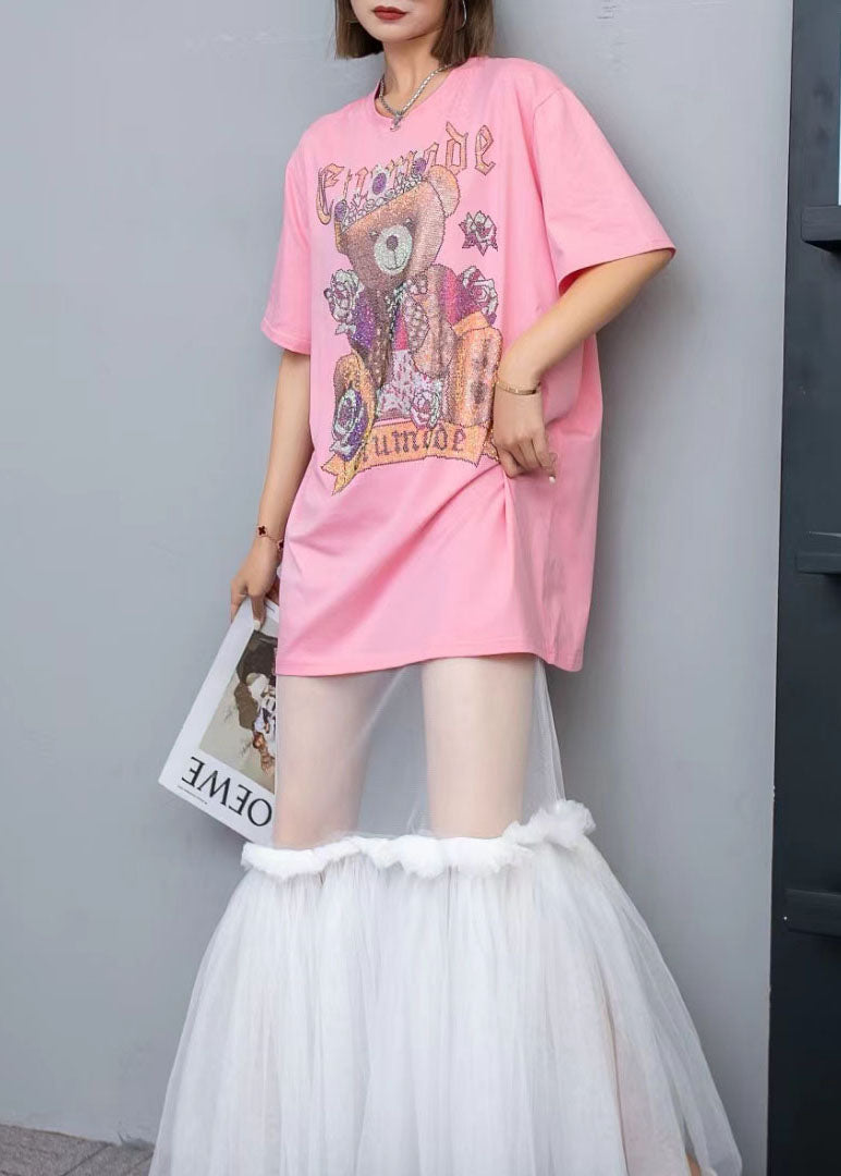 New Pink O-Neck Print Cotton T Shirt Tops And Tulle Skirts Two Pieces Set Summer LY3946 - fabuloryshop