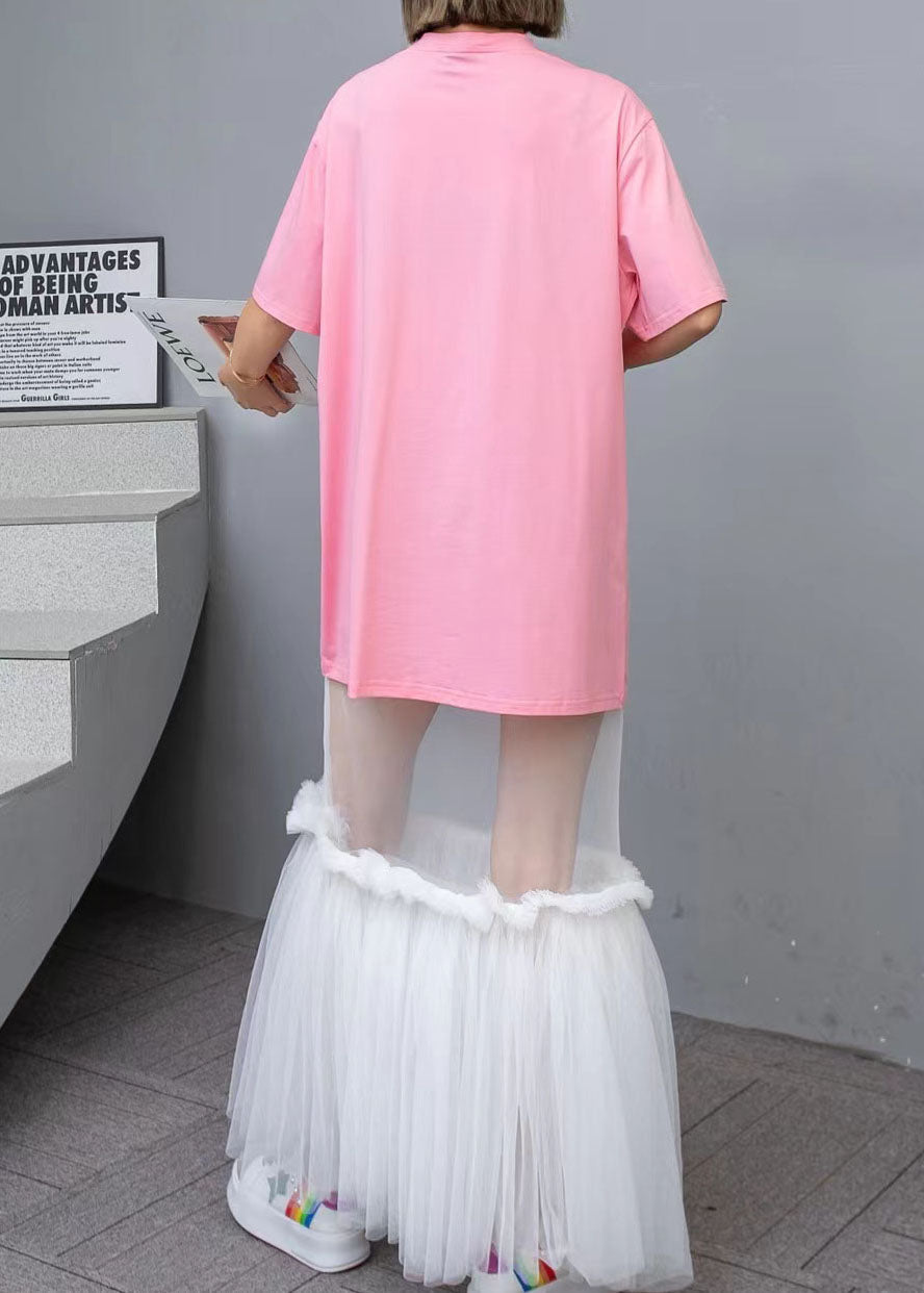 New Pink O-Neck Print Cotton T Shirt Tops And Tulle Skirts Two Pieces Set Summer LY3946 - fabuloryshop