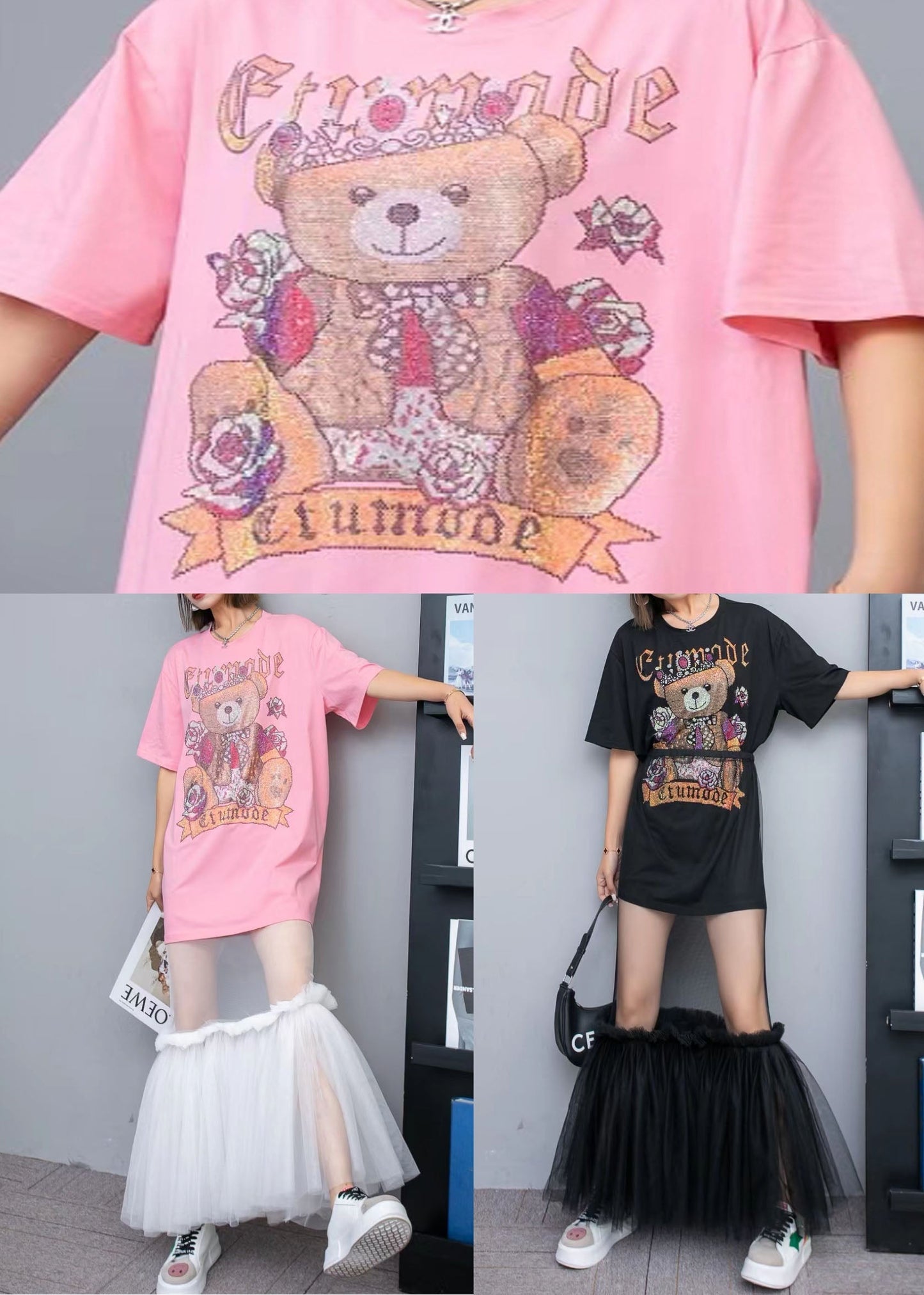 New Pink O-Neck Print Cotton T Shirt Tops And Tulle Skirts Two Pieces Set Summer LY3946 - fabuloryshop