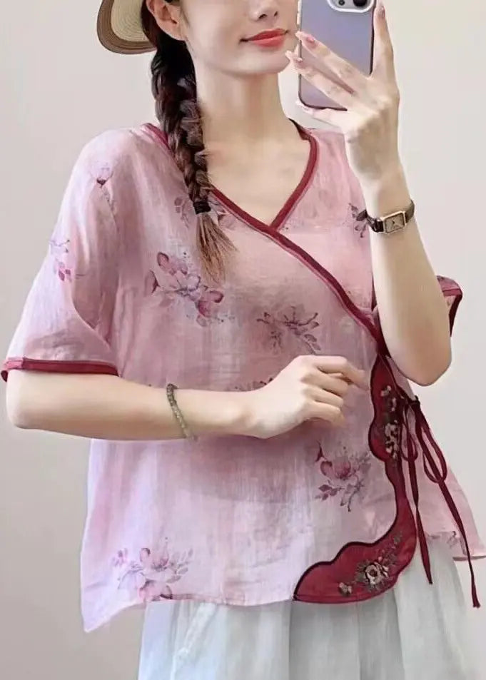 New Pink Print Lace Up Patchwork Linen Shirt Summer Ada Fashion