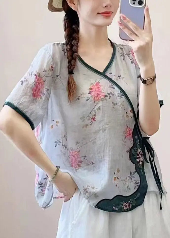 New Pink Print Lace Up Patchwork Linen Shirt Summer Ada Fashion