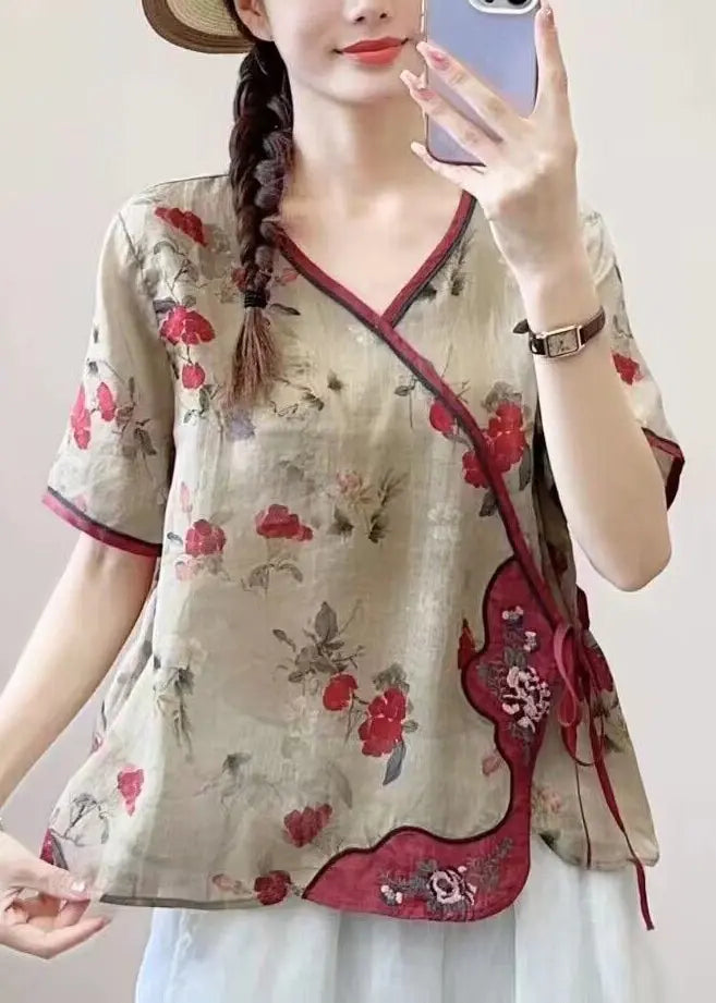 New Pink Print Lace Up Patchwork Linen Shirt Summer Ada Fashion