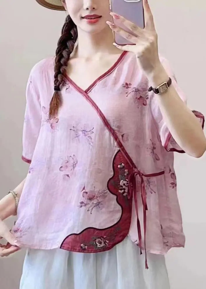 New Pink Print Lace Up Patchwork Linen Shirt Summer Ada Fashion