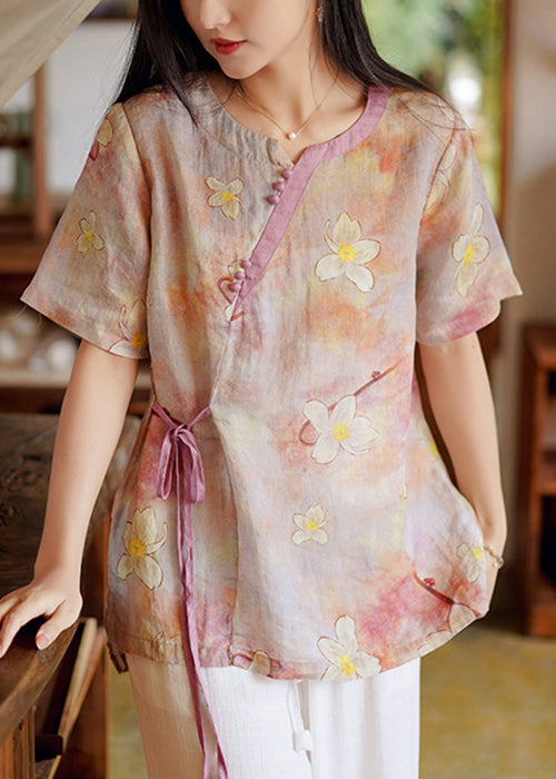 New Pink Print Low High Design Patchwork Linen Shirt Summer Ada Fashion