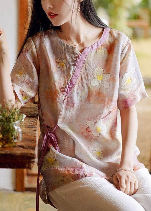 New Pink Print Low High Design Patchwork Linen Shirt Summer Ada Fashion