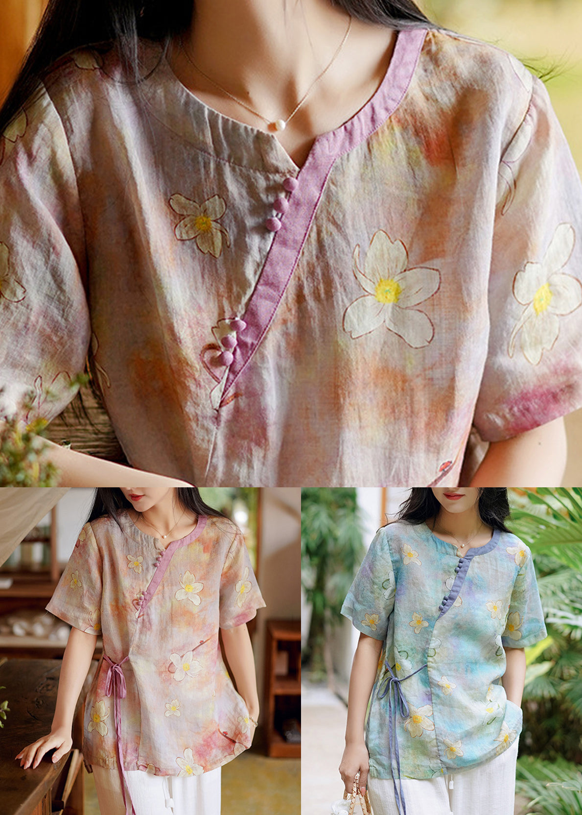 New Pink Print Low High Design Patchwork Linen Shirt Summer Ada Fashion