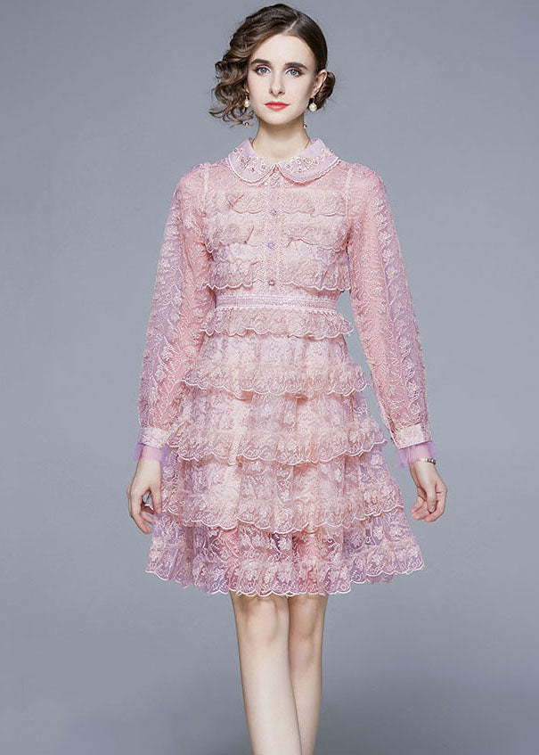 New Pink Ruffled Lace Button Patchwork Tulle Mid Dress Summer LY7379 - fabuloryshop