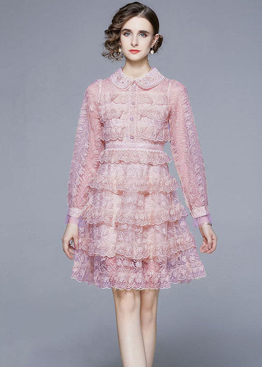 New Pink Ruffled Lace Button Patchwork Tulle Mid Dress Summer LY7379 - fabuloryshop