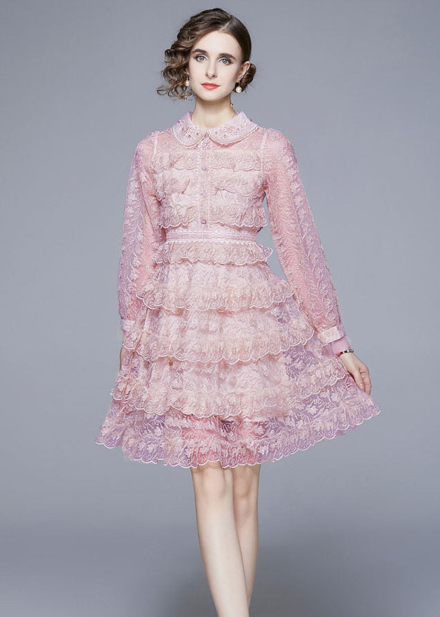 New Pink Ruffled Lace Button Patchwork Tulle Mid Dress Summer LY7379 - fabuloryshop