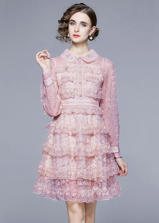 New Pink Ruffled Lace Button Patchwork Tulle Mid Dress Summer LY7379 - fabuloryshop