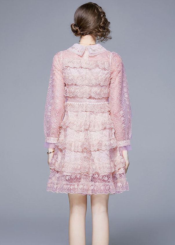New Pink Ruffled Lace Button Patchwork Tulle Mid Dress Summer LY7379 - fabuloryshop
