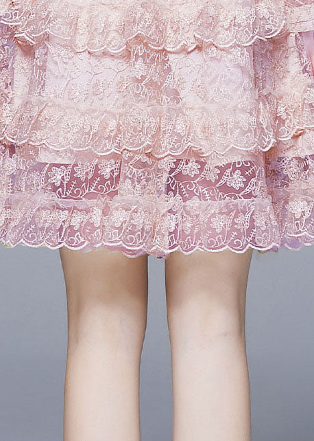 New Pink Ruffled Lace Button Patchwork Tulle Mid Dress Summer LY7379 - fabuloryshop