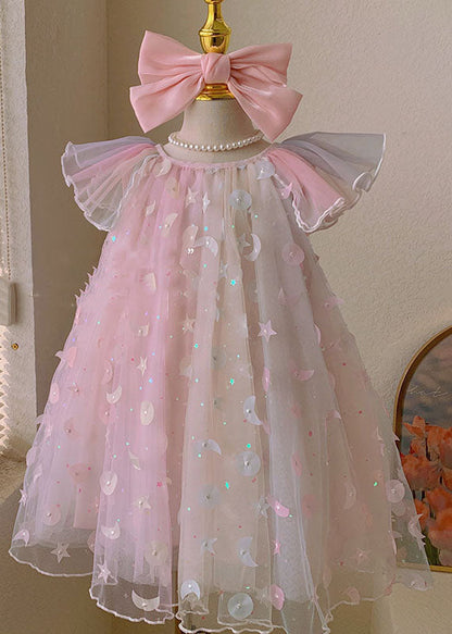 New Pink Wrinkled Nail Bead Patchwork Tulle Kids Girls Dresses Summer LY6420 - fabuloryshop