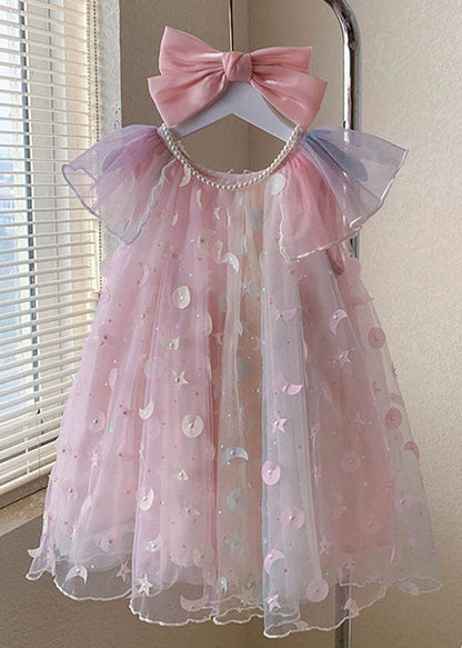 New Pink Wrinkled Nail Bead Patchwork Tulle Kids Girls Dresses Summer LY6420 - fabuloryshop