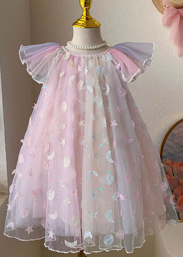 New Pink Wrinkled Nail Bead Patchwork Tulle Kids Girls Dresses Summer LY6420 - fabuloryshop