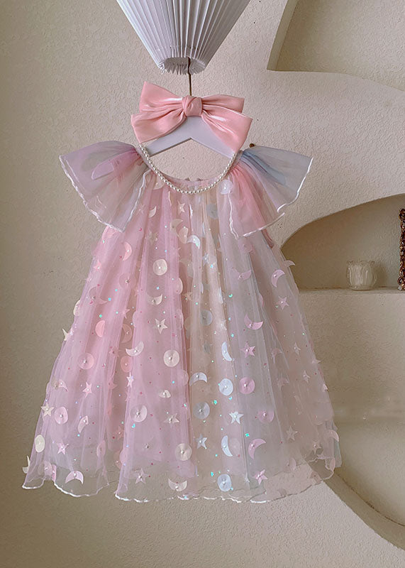 New Pink Wrinkled Nail Bead Patchwork Tulle Kids Girls Dresses Summer LY6420 - fabuloryshop