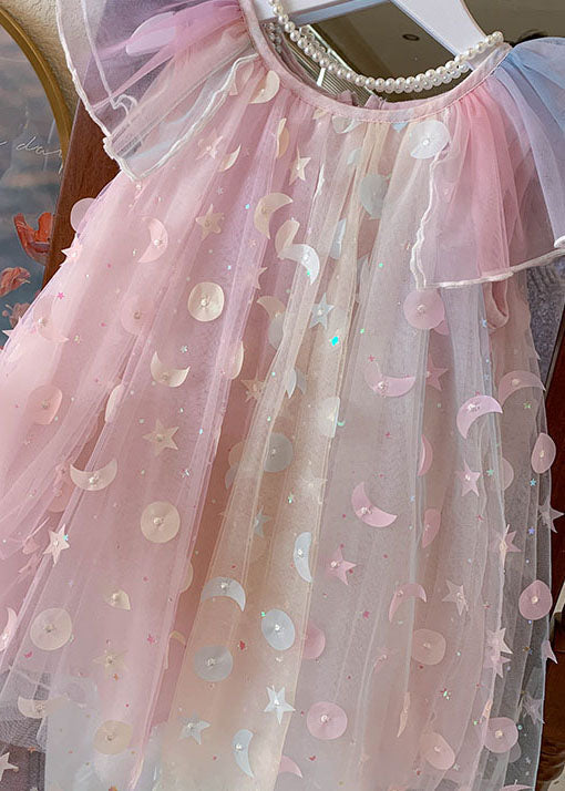 New Pink Wrinkled Nail Bead Patchwork Tulle Kids Girls Dresses Summer LY6420 - fabuloryshop