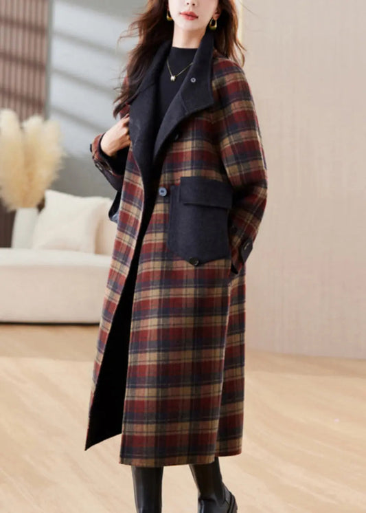 New Plaid Button Pockets Patchwork Cashmere Long Coats Winter Ada Fashion