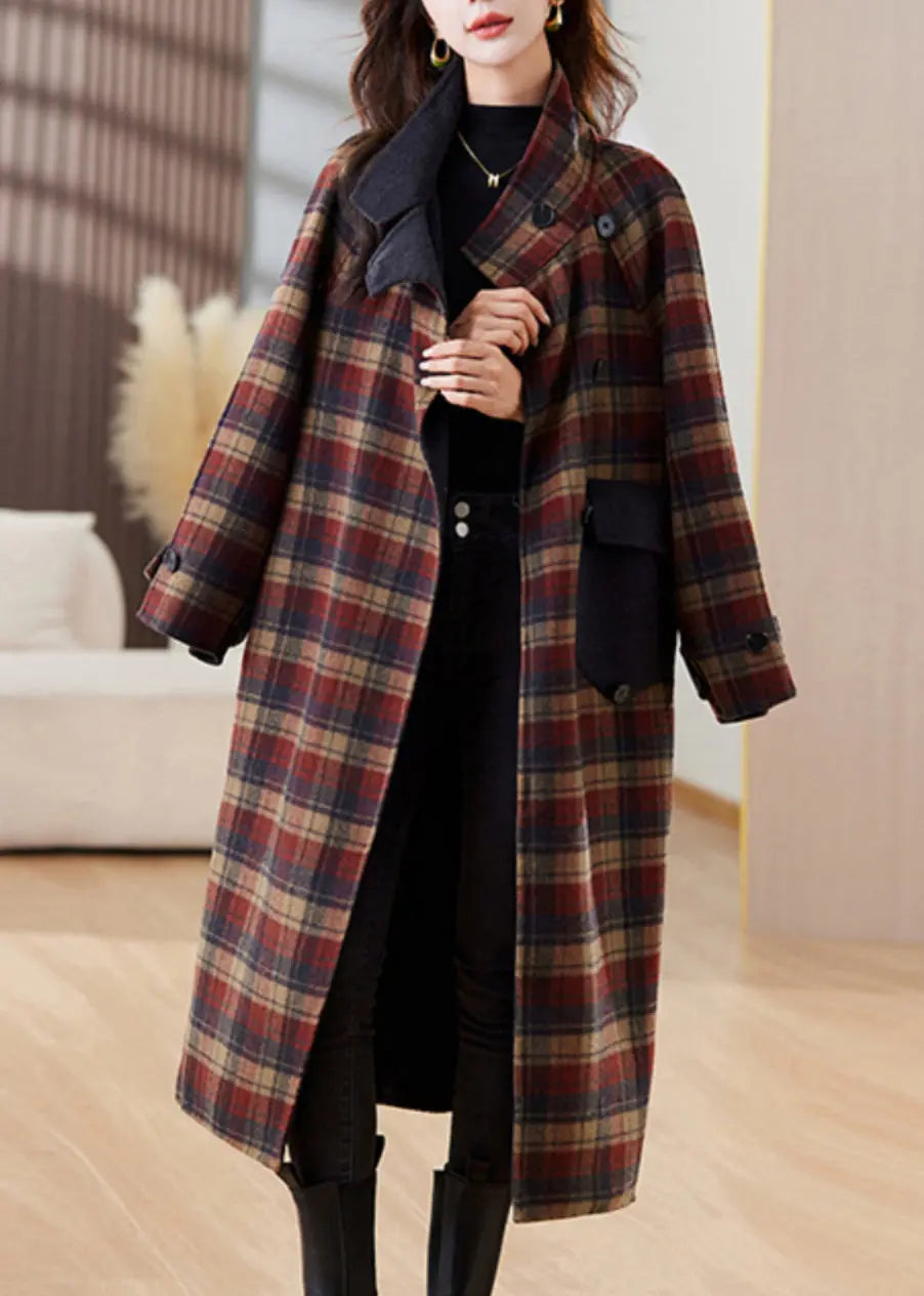 New Plaid Button Pockets Patchwork Cashmere Long Coats Winter Ada Fashion