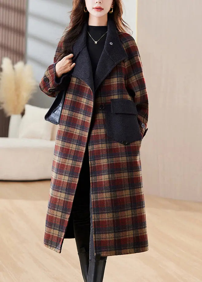 New Plaid Button Pockets Patchwork Cashmere Long Coats Winter Ada Fashion