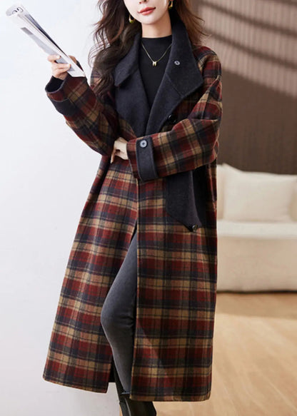 New Plaid Button Pockets Patchwork Cashmere Long Coats Winter Ada Fashion