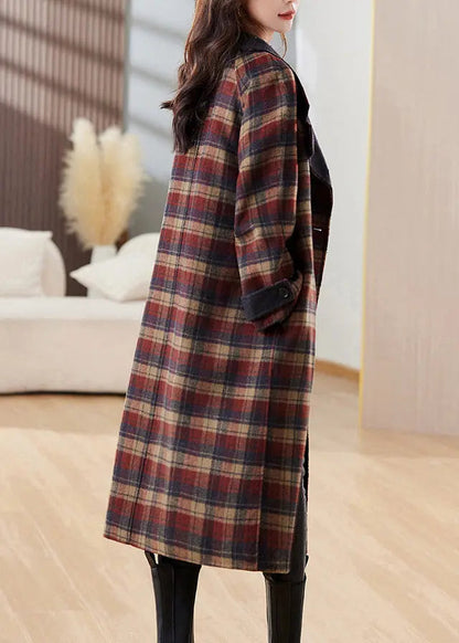 New Plaid Button Pockets Patchwork Cashmere Long Coats Winter Ada Fashion