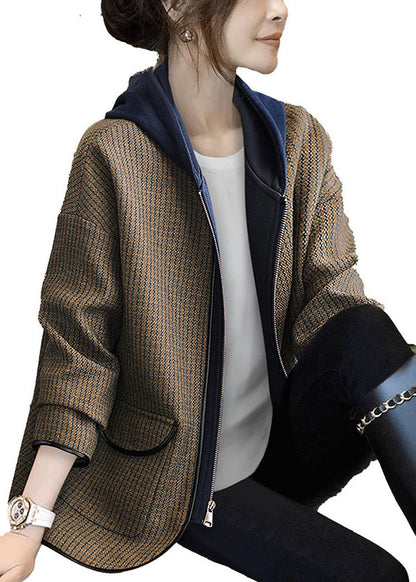 New Plaid Hooded Zippered Pockets Cotton Coat Fall Ada Fashion