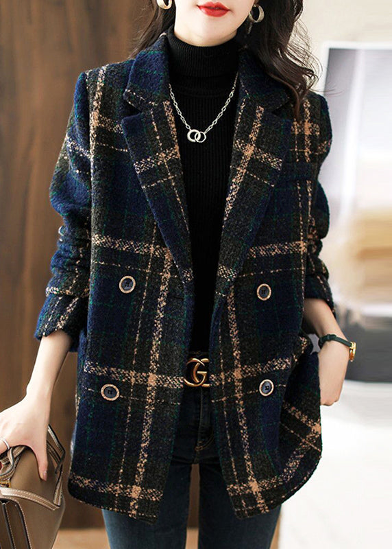 New Plaid Peter Pan Collar Button Patchwork Woolen Coats Long Sleeve Ada Fashion