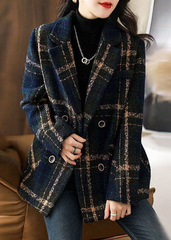 New Plaid Peter Pan Collar Button Patchwork Woolen Coats Long Sleeve Ada Fashion