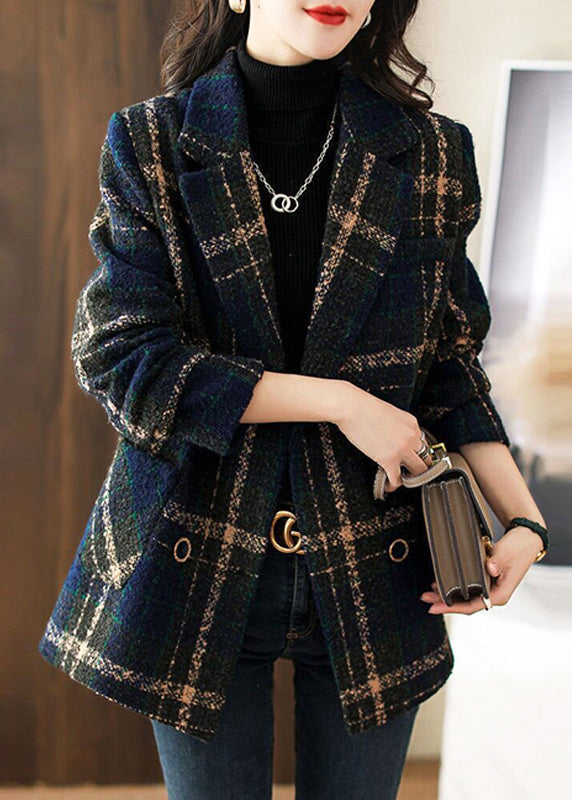 New Plaid Peter Pan Collar Button Patchwork Woolen Coats Long Sleeve Ada Fashion