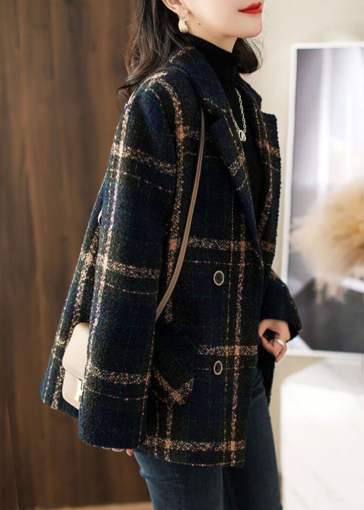 New Plaid Peter Pan Collar Button Patchwork Woolen Coats Long Sleeve Ada Fashion