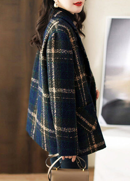 New Plaid Peter Pan Collar Button Patchwork Woolen Coats Long Sleeve Ada Fashion