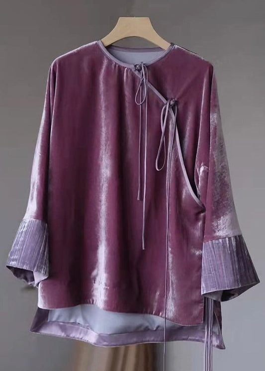 New Purple Button Low High Design Patchwork Silk Velour Top Long Sleeve Ada Fashion