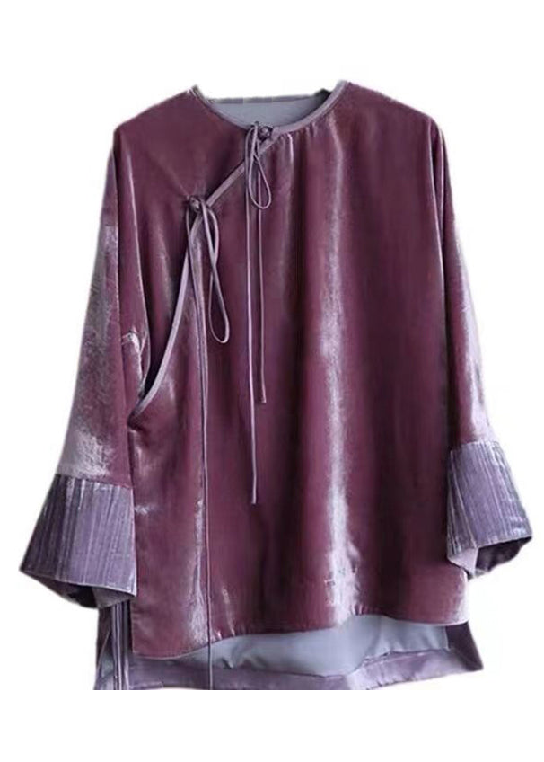 New Purple Button Low High Design Patchwork Silk Velour Top Long Sleeve Ada Fashion