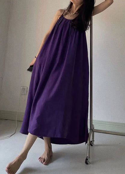 New Purple O Neck High Waist Cotton Spaghetti Strap Dress Sleeveless Ada Fashion