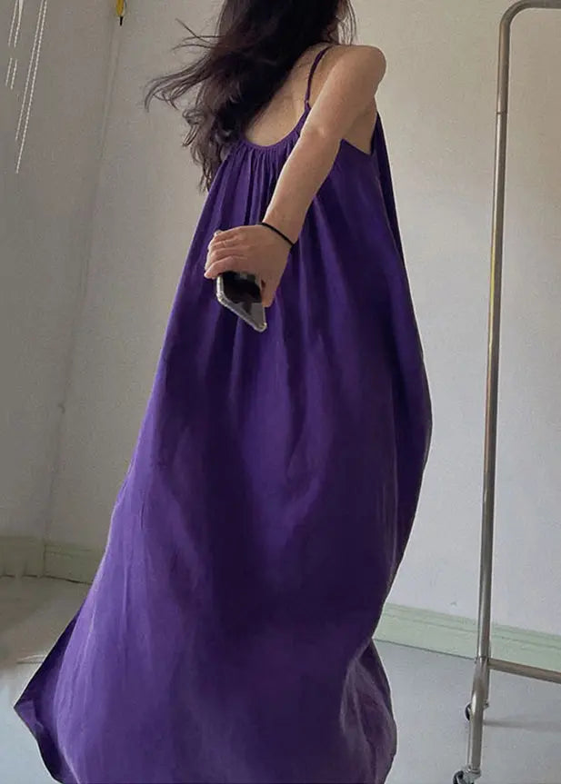 New Purple O Neck High Waist Cotton Spaghetti Strap Dress Sleeveless Ada Fashion