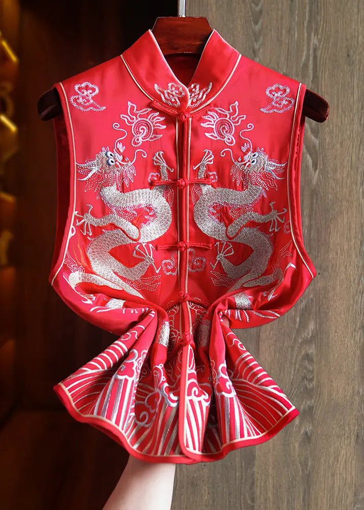 New Red Embroidered Button Patchwork Silk Beach Waistcoat Sleeveless Ada Fashion