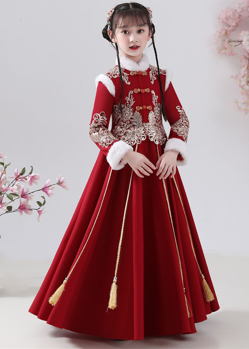 New Red Fur Collar Embroideried Button Warm Fleece Girls Maxi Dresses Winter Ada Fashion