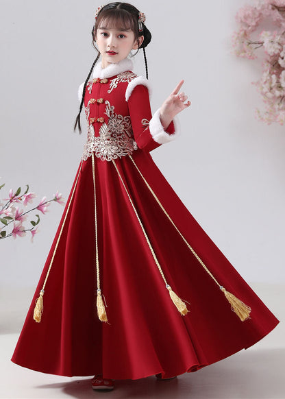 New Red Fur Collar Embroideried Button Warm Fleece Girls Maxi Dresses Winter Ada Fashion