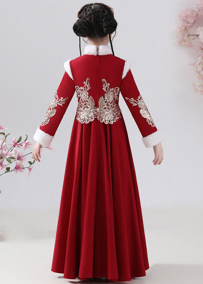 New Red Fur Collar Embroideried Button Warm Fleece Girls Maxi Dresses Winter Ada Fashion