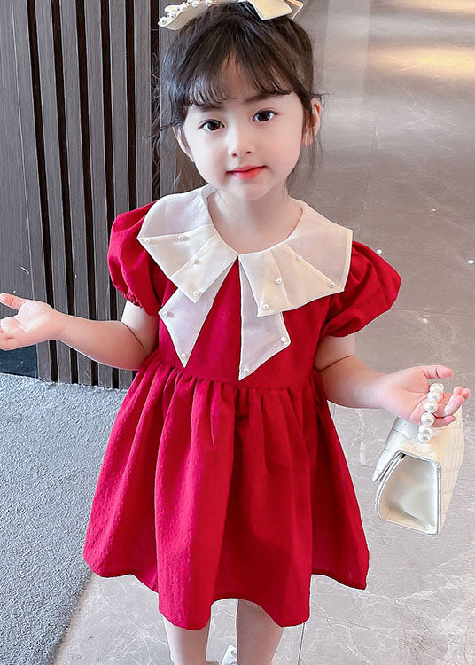 New Red Nail Bead Wrinkled Patchwork Cotton Baby Girls Dress Summer LY5487 - fabuloryshop