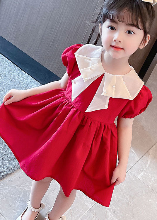 New Red Nail Bead Wrinkled Patchwork Cotton Baby Girls Dress Summer LY5487 - fabuloryshop