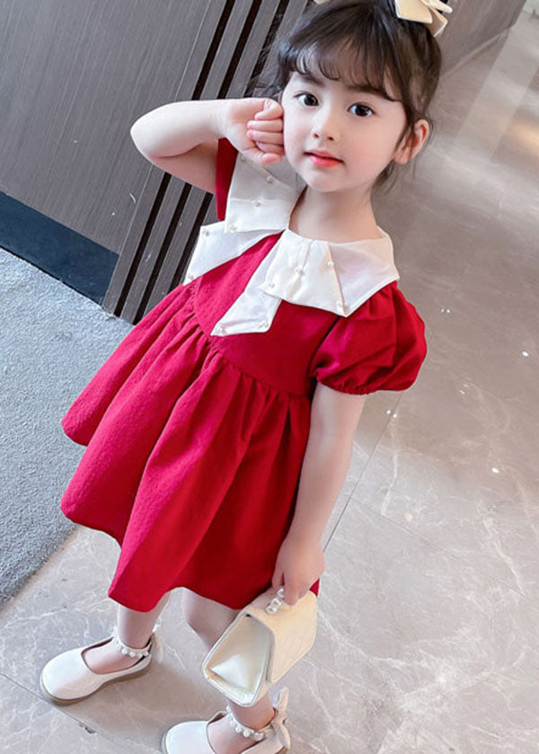 New Red Nail Bead Wrinkled Patchwork Cotton Baby Girls Dress Summer LY5487 - fabuloryshop