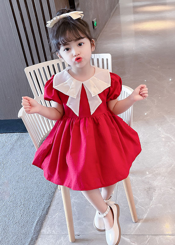 New Red Nail Bead Wrinkled Patchwork Cotton Baby Girls Dress Summer LY5487 - fabuloryshop