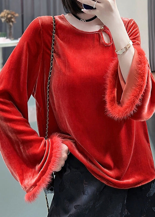 New Red O Neck Button Patchwork Silk Velour Top Long Sleeve Ada Fashion